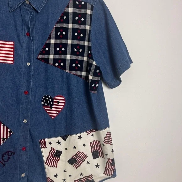 Vintage Roman's 16W Cotton Short Sleeve Patriotic Patchwork Quirky Denim Top - Picture 5 of 9